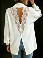 Elegant Cozy V-shaped Lace Back Panel White Knit Tunic Sweater