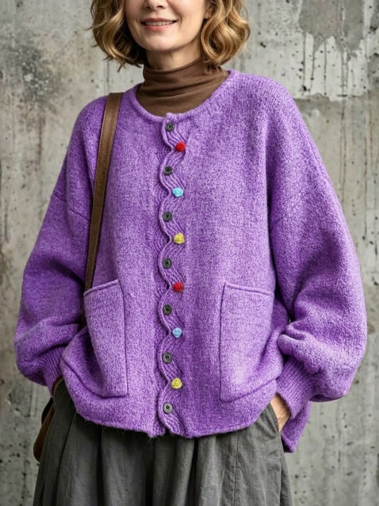 Loose-fit, Drop-shoulder Knit Cardigan Featuring A Wavy Placket, Decorative Colorful Buttons, And Large Patch Pockets