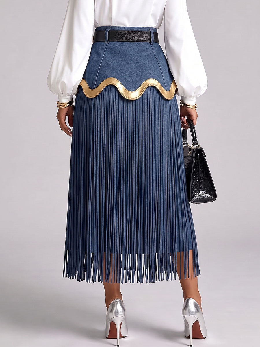 Women's High-waisted Casual Loose-fitting Fringed Denim Skirt