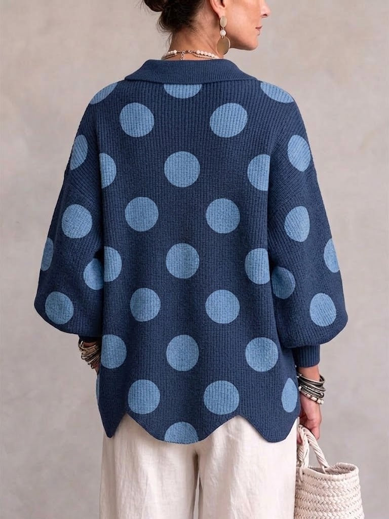 Oversized Polka-dot Knit Cardigan With Large Metal Buttons And Collar