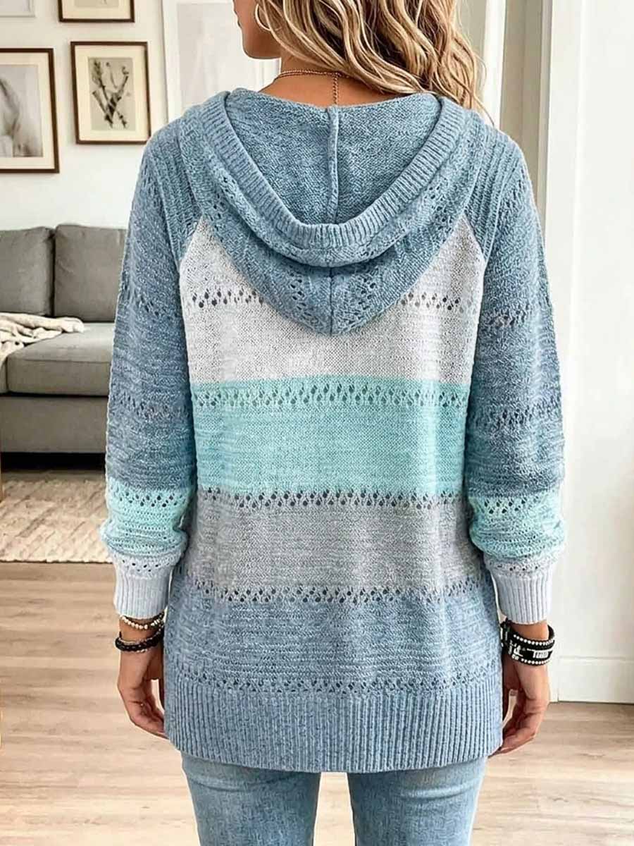 Women's Color-blocked V-neck Long-sleeved Casual Loose Knit Hooded Pullover