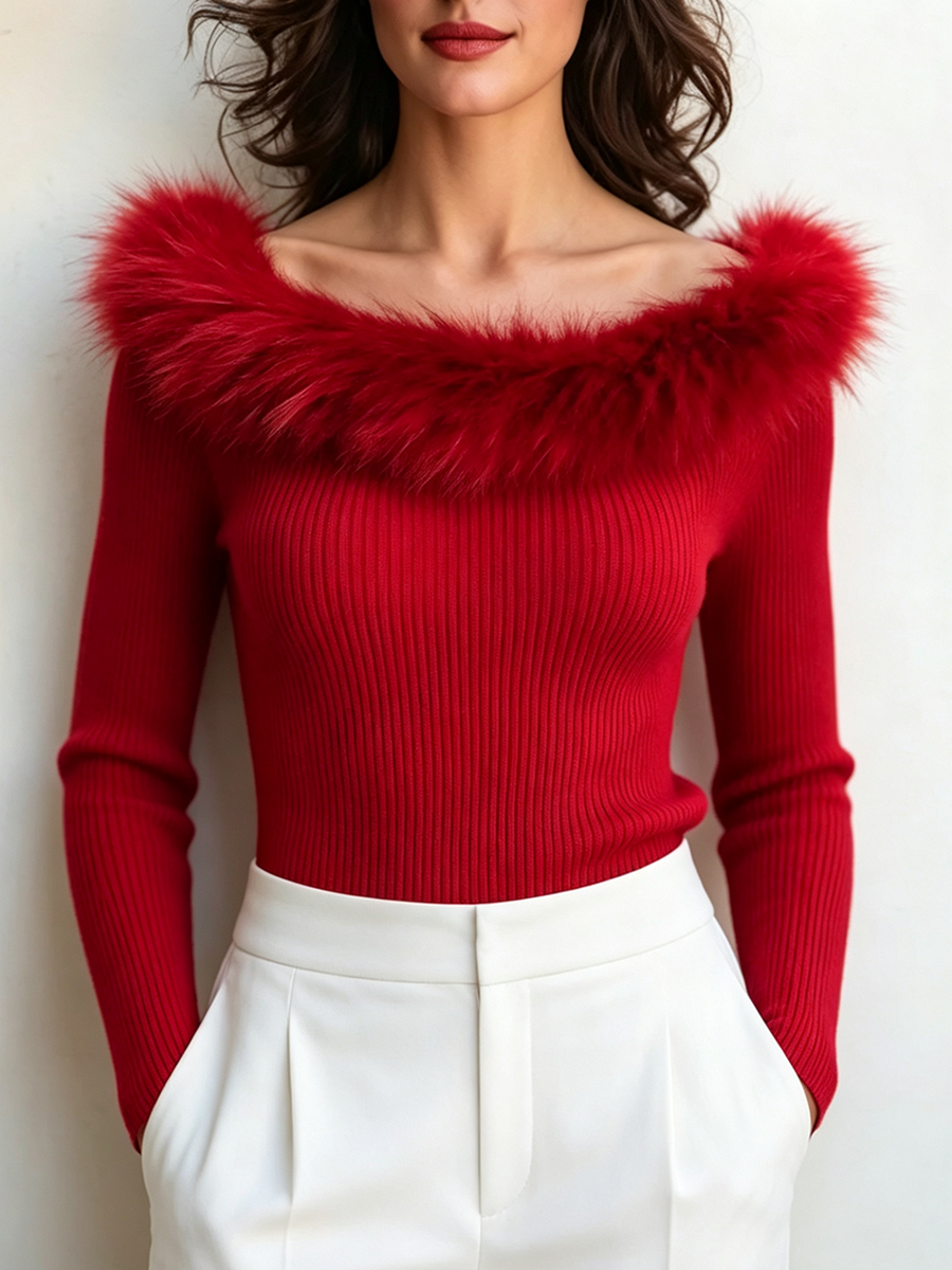 Elegant Faux Fur Trim Red Off-shoulder Top