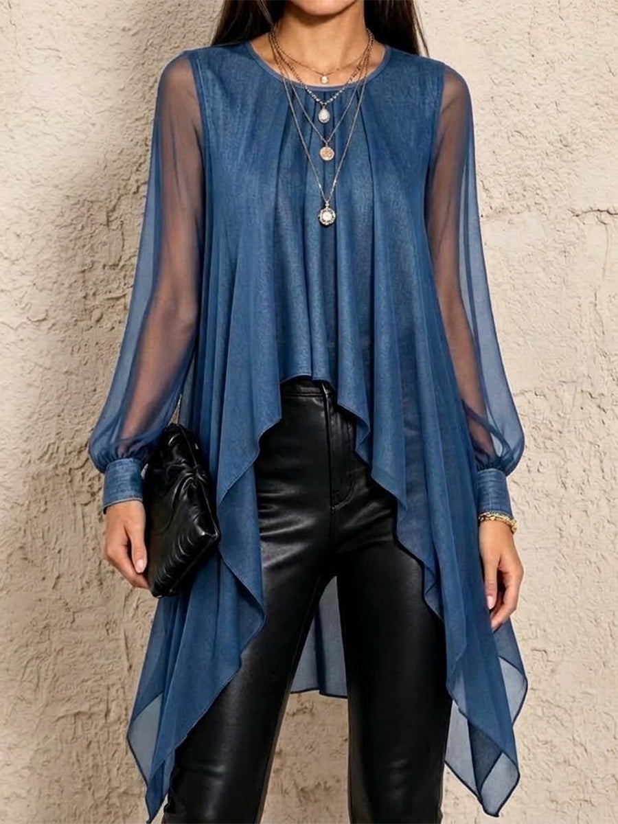 Round-neck Long-sleeve Chiffon Top With An Asymmetrical, Draped Hem (shorter In Front, Longer In Back)