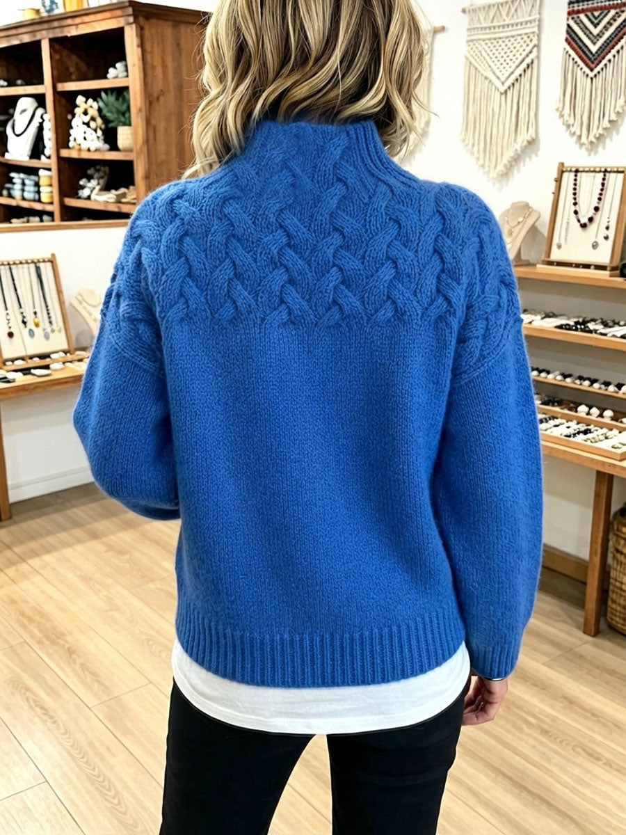 Chic Cozy Basketweave Cable-knit Mock Neck Sweater