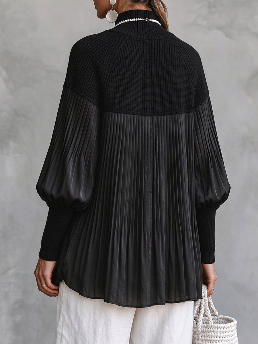 Chic Contrast-Paneled Pleated Mock-Neck Pullover