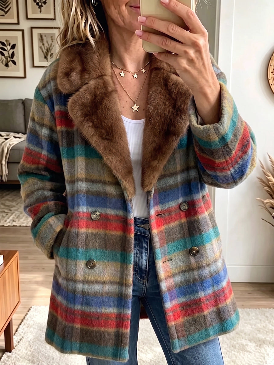 Cozy Multi-Color Plaid Faux Fur Collar Coat