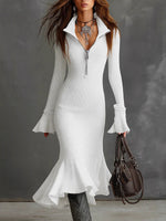 Women's Solid Color Collared Long Sleeve Casual Loose Knit Dress