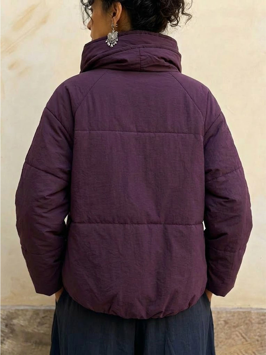Asymmetric-front, Gathered High-neck Quilted Padded Jacket