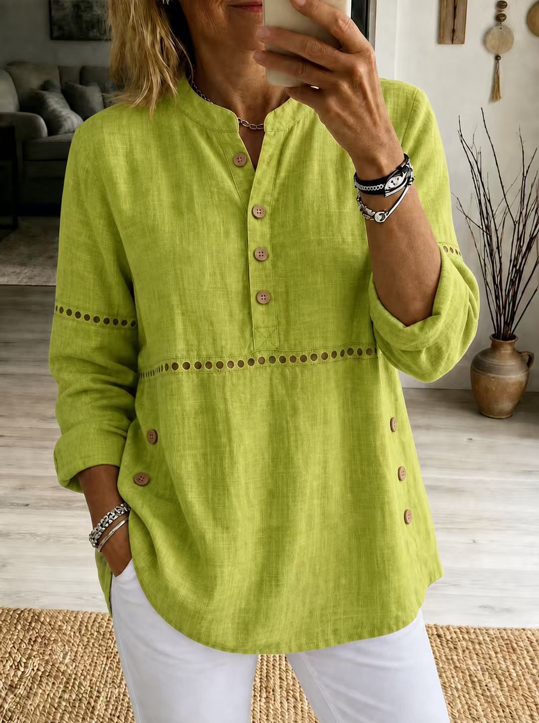 Hollow Eyelet Stand Collar Linen Henley Blouse