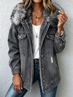 Casual, Warm, Distressed Denim Jacket With A Faux-fur Lining And Hood.