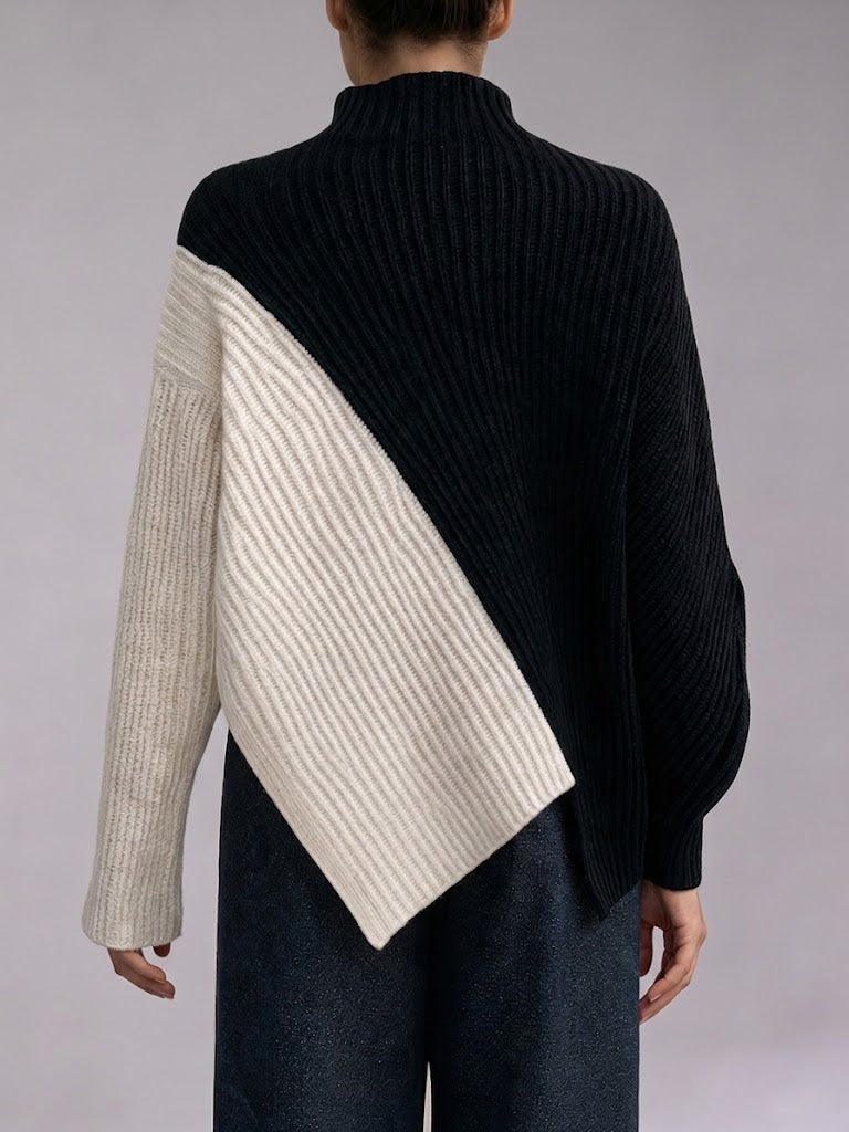 Stylish Black And White Asymmetric Ribbed Knit Top
