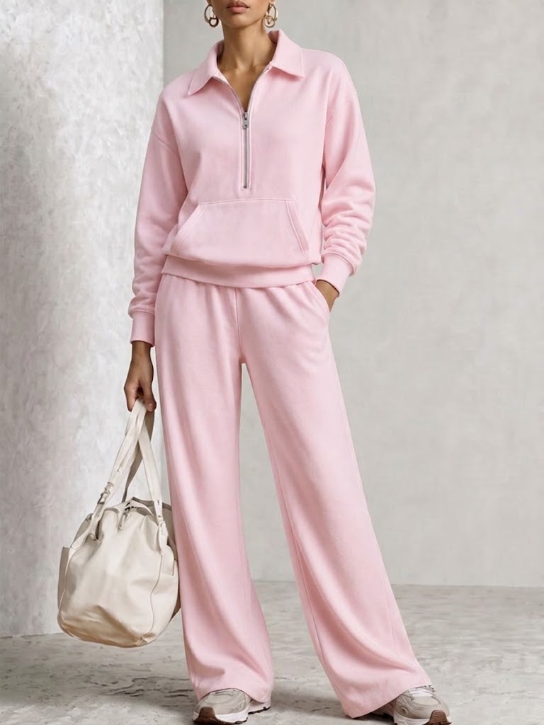 Half‑zip Collared Sweatshirt & Wide‑leg Sweatpants Set