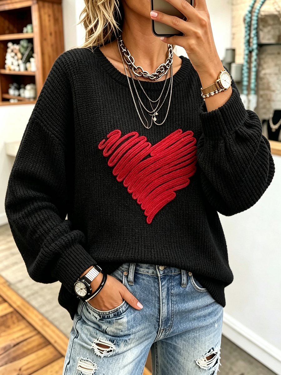 Cozy Chic Heart-stitch Knitted Sweater