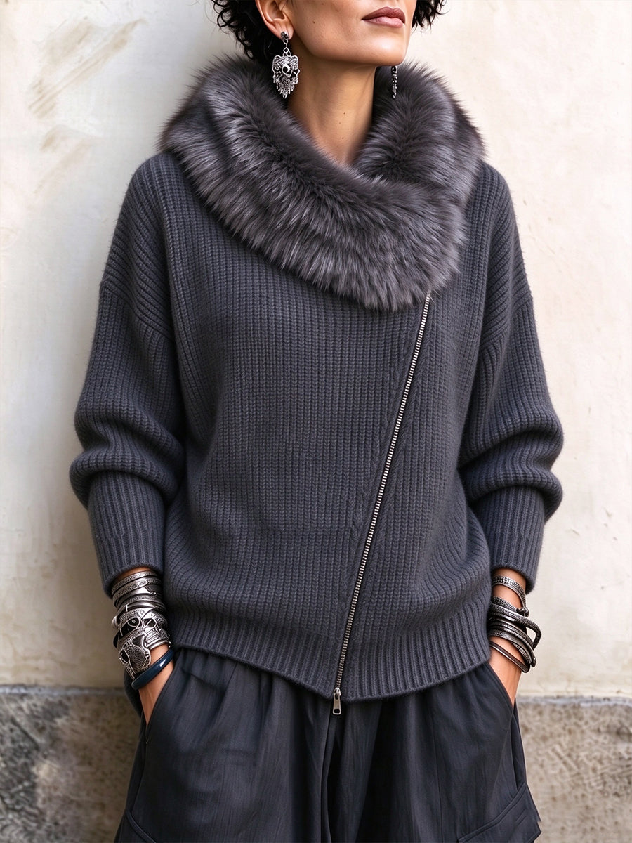 Luxurious Faux-Fur Trim Asymmetrical Zip Knit Pullover