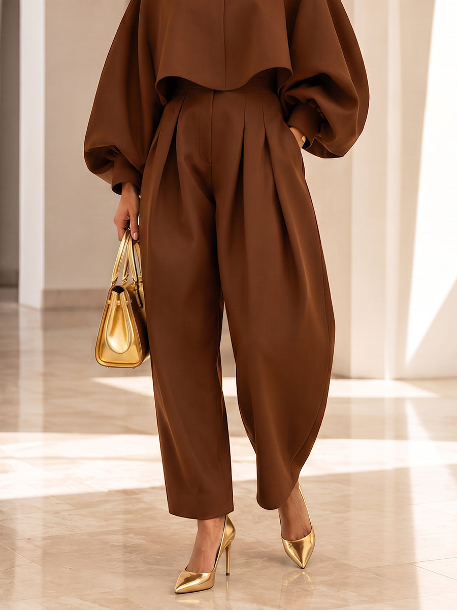 Sophisticated Rich Brown Pleated Wide-Leg Pants