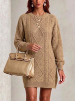 Diamond-cable Knit Knee-length Dress With A Round Neck