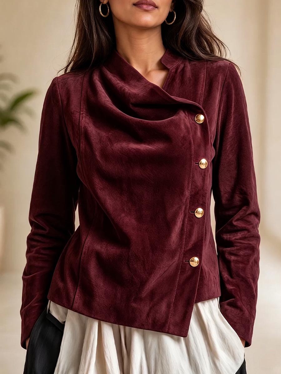 Women's Asymmetrical Button Velvet Draped Collar Jacket
