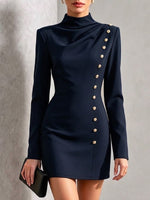 Long-sleeve, Slim-fit Mini Dress Featuring A Mock Neck And Decorative Gold Buttons On The Side