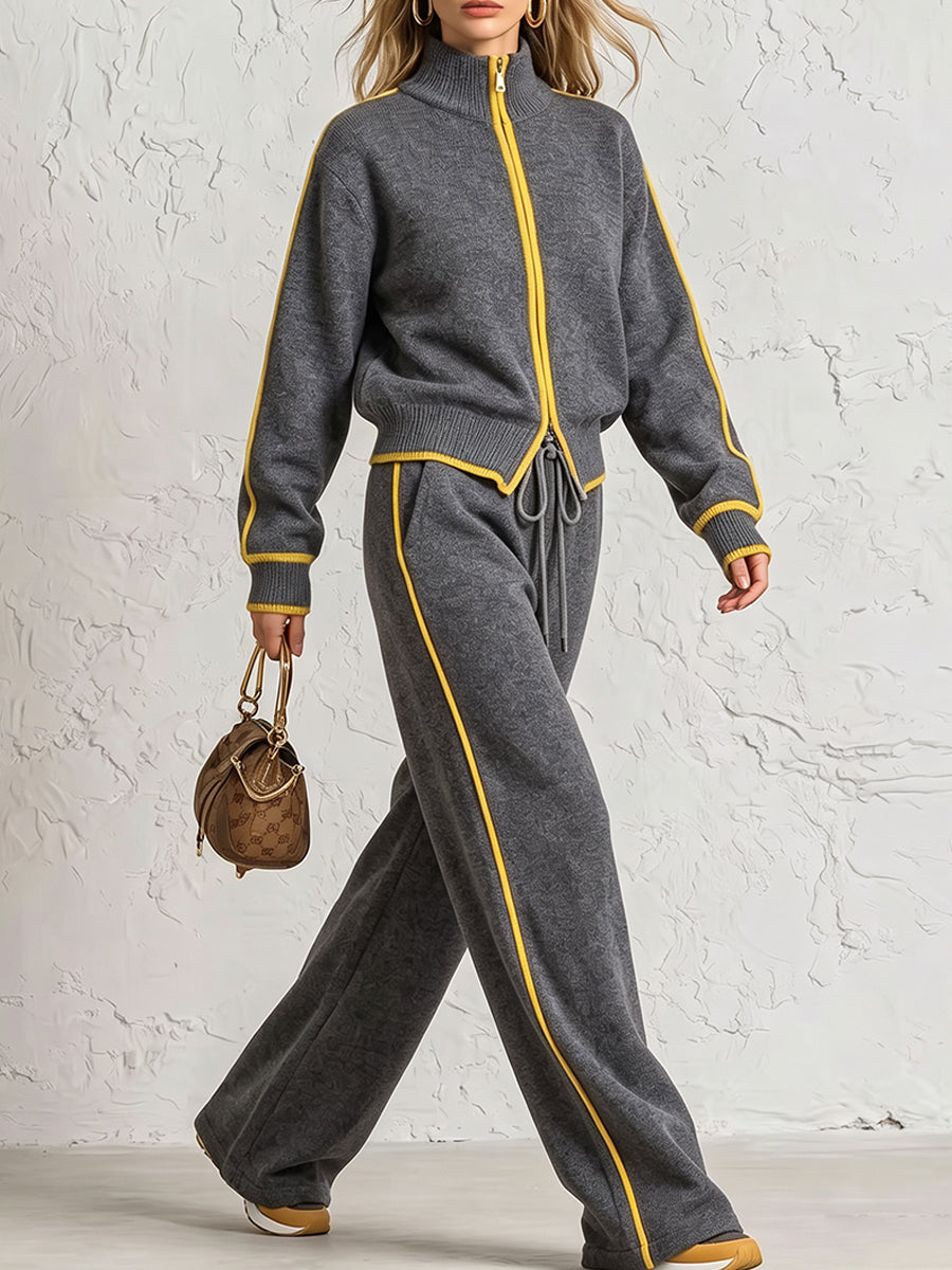 Chic Color Block Trim Knit Loungewear Set