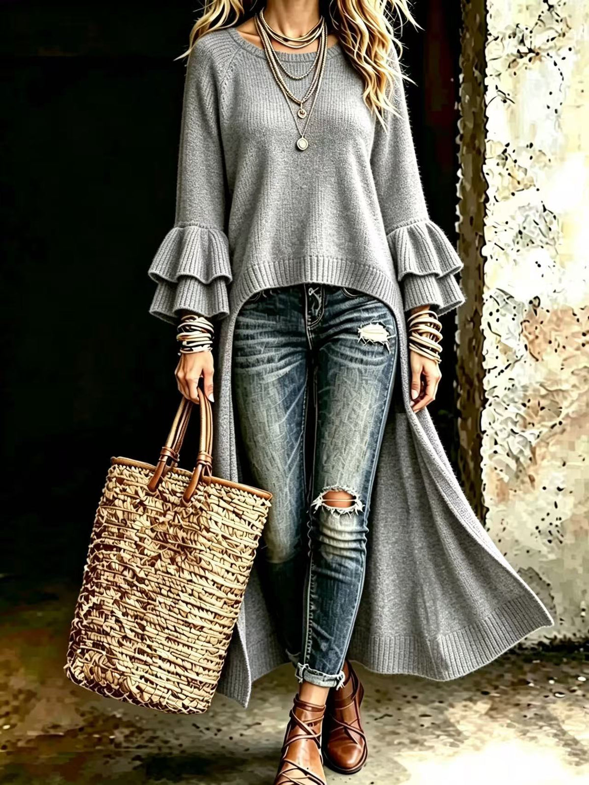 Chic Long-line Knitted Cardigan With Multi-layered Ruffled Sleeves