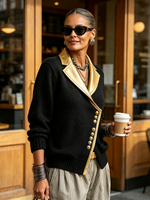 Chic Black Ribbed Knit Cardigan With Metallic Gold Lapels