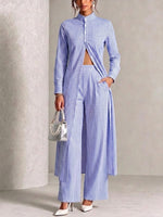 Vertical-striped Stand-collar Shirt And Wide-leg Trousers Two-piece Set