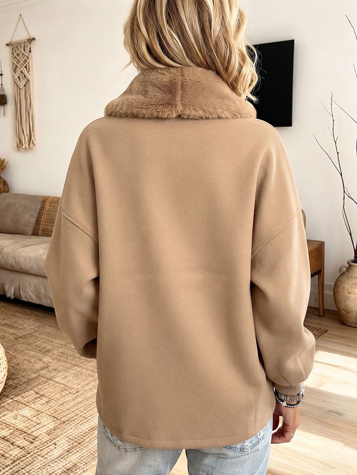 Cozy Stylish Fleece Khaki Zip-up Jacket