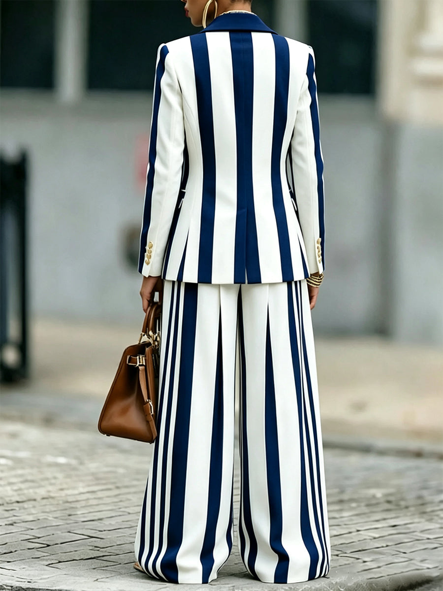 Chic Navy and White Striped Tailored Blazer