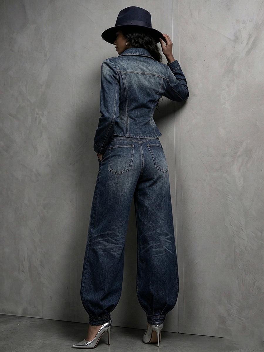 Chic Washed Denim Double-Breasted Peplum Blazer