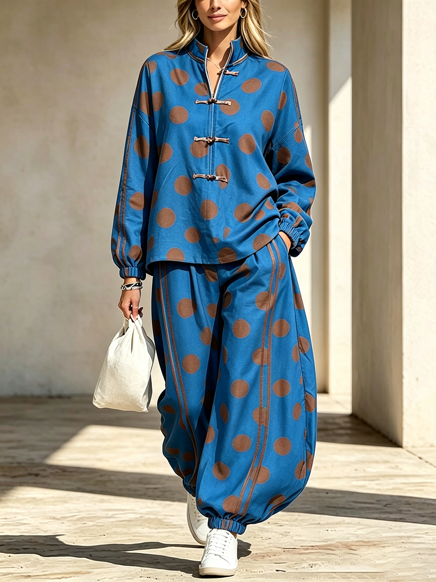 Cozy Fall Casual Polka Dot Frog Button Tracksuit Set