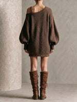 Cold-shoulder Loose-fit Knit Dress With Metal Buckles, Spaghetti Straps, And Lantern Sleeves