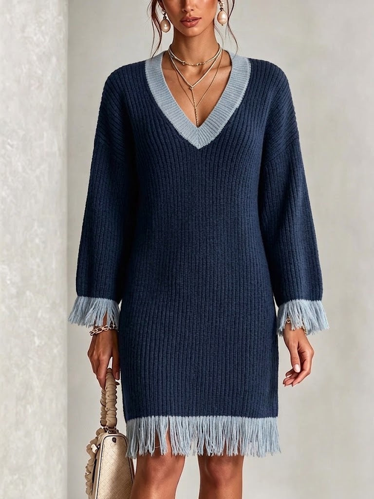 Color-block V-neck Fringed Knit Dress