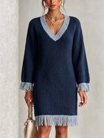 Color-block V-neck Fringed Knit Dress