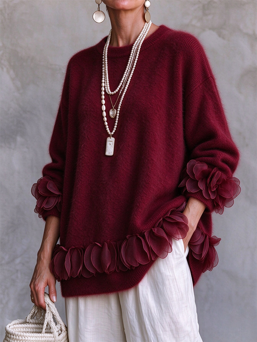 Cozy Ethereal Floral-Trimmed Fuzzy Knit Pullover