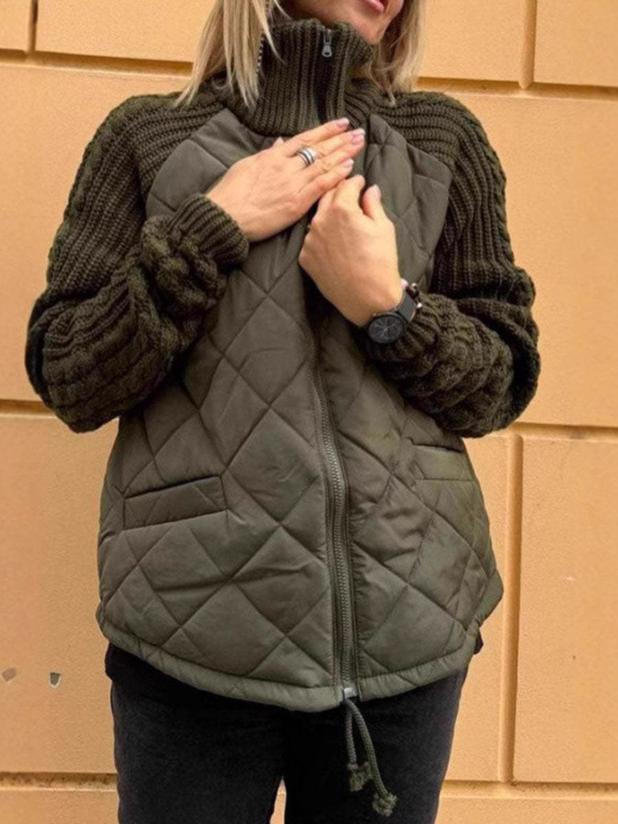 Women's Solid Color Stand Collar Long Sleeve Casual Loose Knitted Patchwork Cotton Jacket