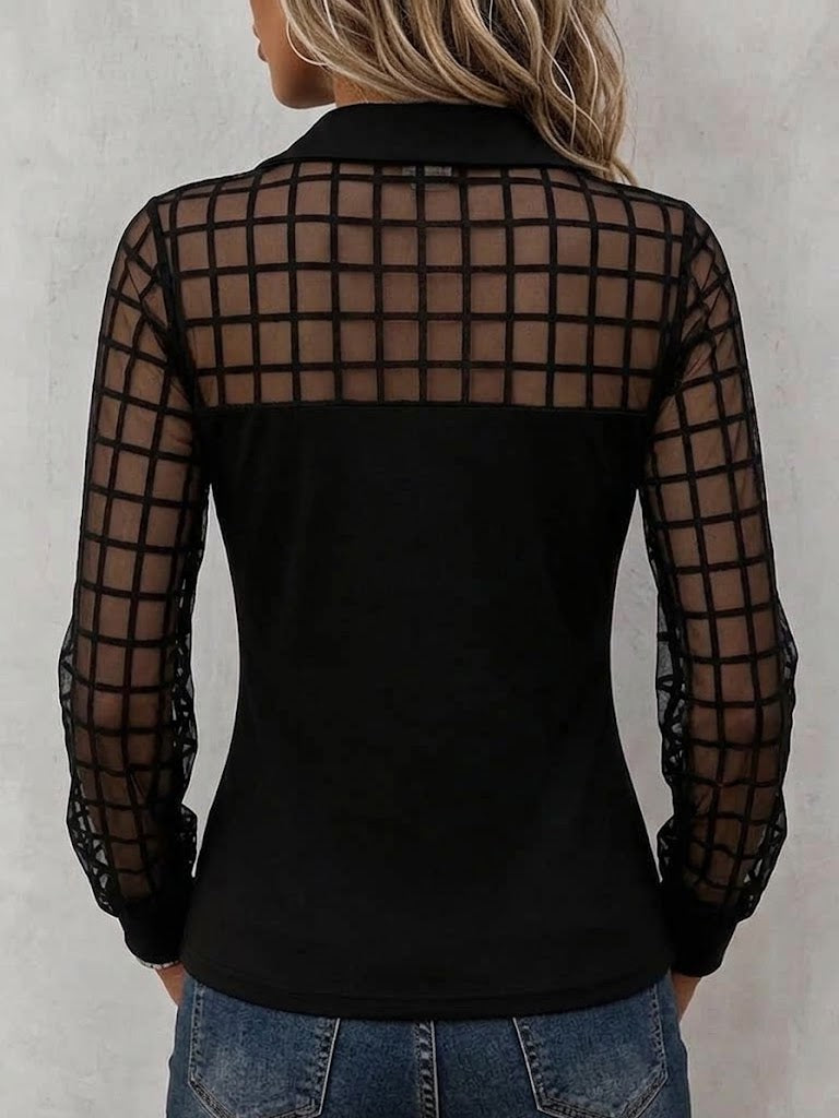 Grid Mesh Spliced Collared Fitted Long Sleeve Top