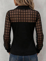 Grid Mesh Spliced Collared Fitted Long Sleeve Top