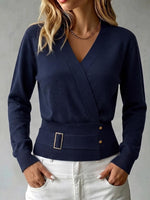 Women's Solid Color V-neck Long Sleeve Casual Loose Knit Top