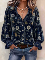 Women's V-neck Long-sleeve Casual Loose Vintage Floral Velvet Cardigan Top