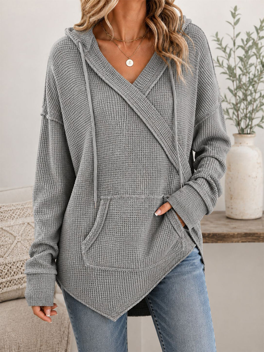 Casual Olive Green Waffle-Knit Crossover Hoodie