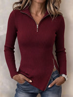 Chic Ribbed Half-Zip Asymmetric Hem Pullover