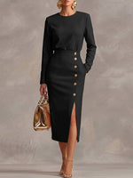 Women's Solid Color Round Neck Long Sleeve Casual Loose Slit Dress