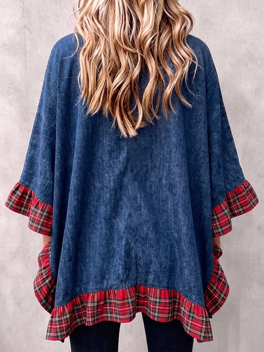 Western Denim & Tartan Plaid Ruffle-Trim Open Cardigan