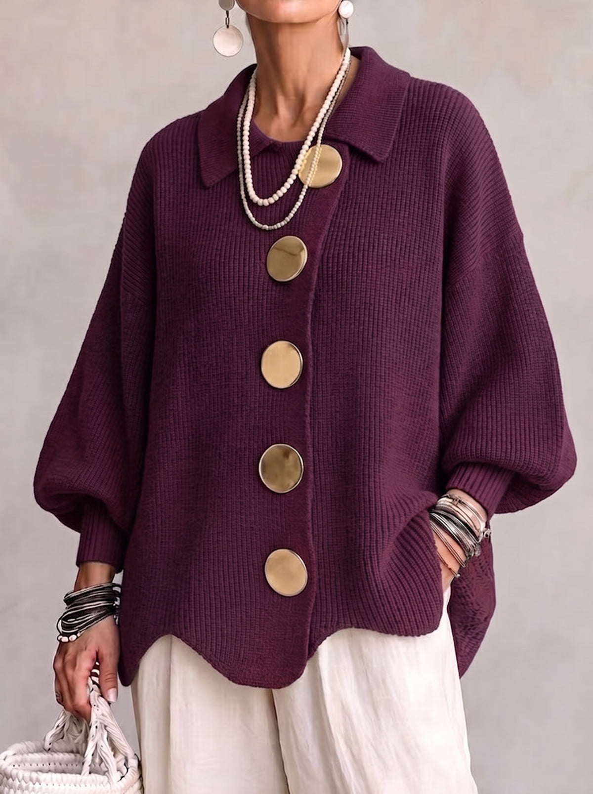 Oversized Collared Knit Cardigan With Large Metal Buttons