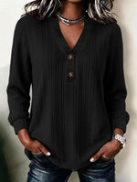 Textured Henley V-Neck Long Sleeve Blouse