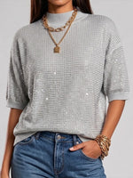 Chic Rhinestone-embellished Mock-neck Knit Top
