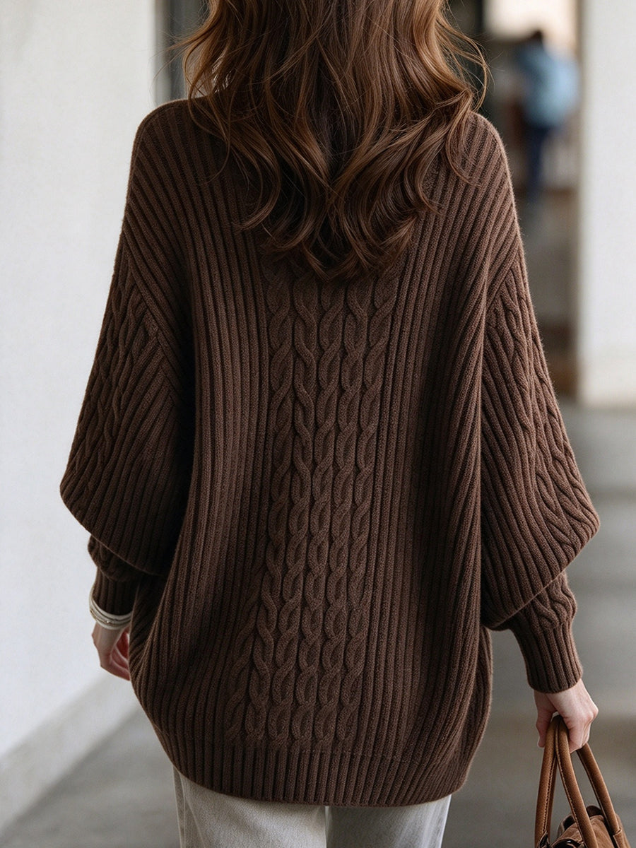 Chic Brown Ribbed And Cable-knit Batwing-sleeve Cardigan