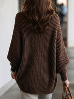 Chic Brown Ribbed And Cable-knit Batwing-sleeve Cardigan