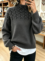 Chic Cozy Basketweave Cable-knit Mock Neck Sweater