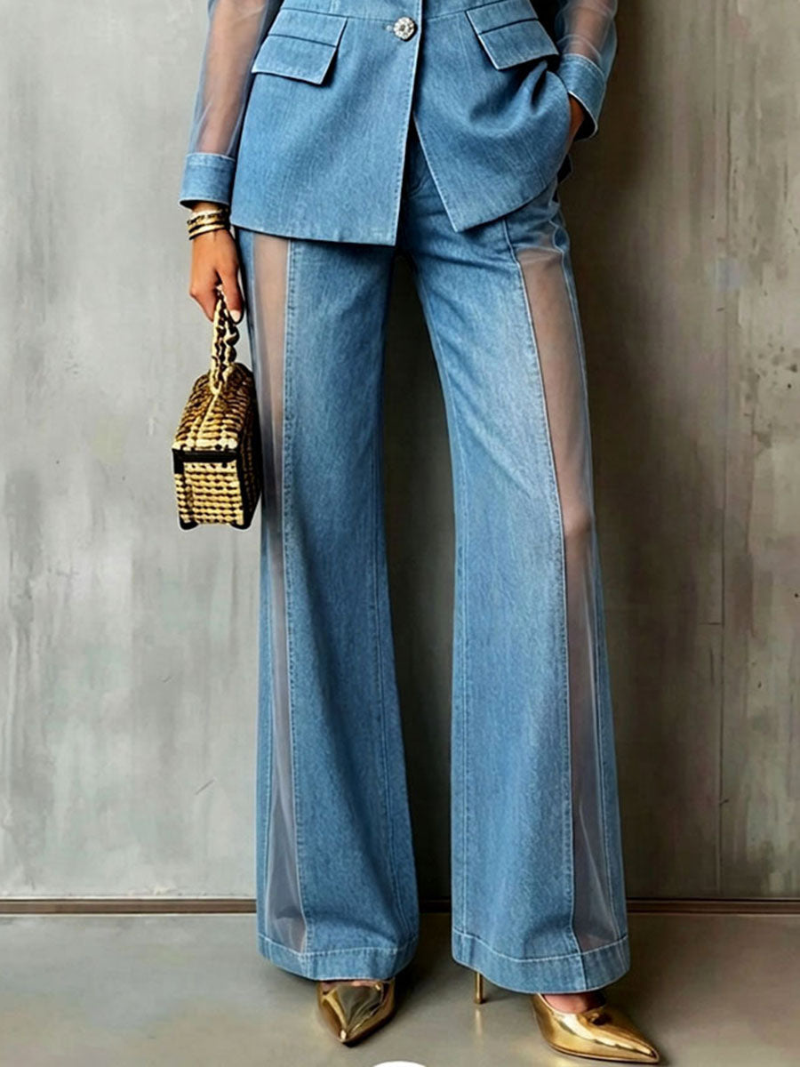 Chic Trendy Sheer-paneled Wide-leg Denim Pants